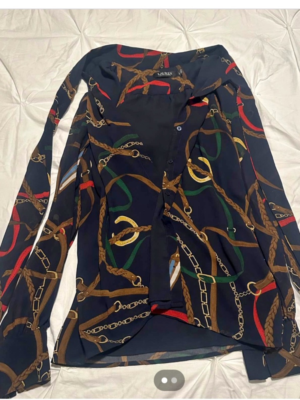 Classic gorgeous Ralph Lauren Georgette Navy Equestrian Print Blouse